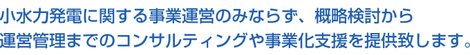 小水力発電に関する事業運営のみならず、概略検討から運営管理までのコンサルティングや事業化支援を提供致します。